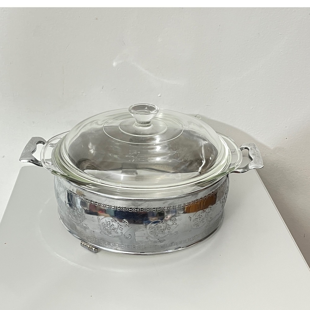 Pyrex Casserole Dish with Silver Metal Warming Stand Clear 8.5" Ornate Vintage